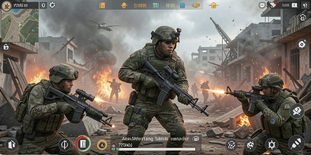 Screenshot gameplay intens dari 77AG, menunjukkan aksi tembak-menembak.