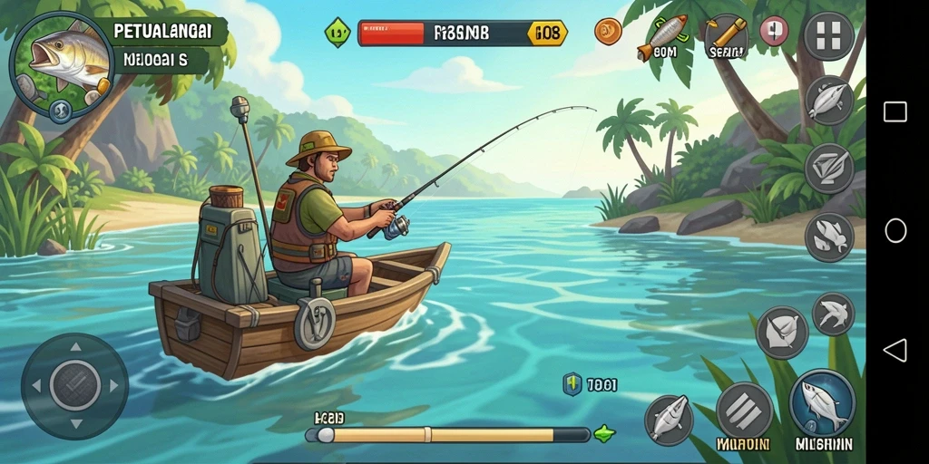 Tampilan gameplay H03 yang menampilkan aksi memancing seru dan lokasi indah.