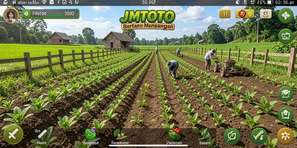 Screenshot gameplay JMTOTO yang menunjukkan kebun yang subur dan hewan ternak.