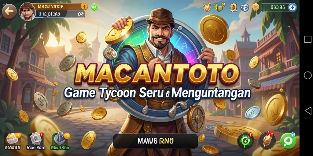 Screenshot utama gameplay MACANTOTO yang menunjukkan manajemen bisnis yang aktif.