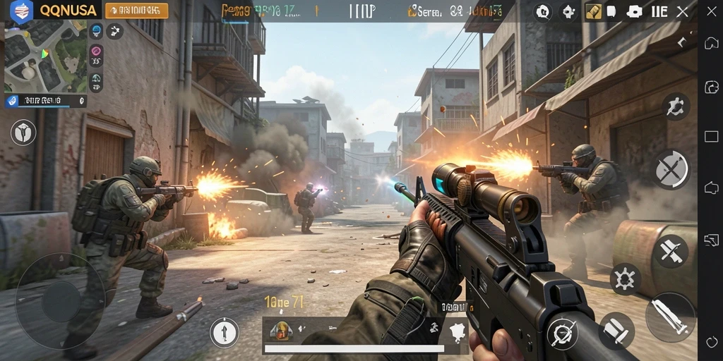 Screenshot gameplay QQNUSA menampilkan aksi FPS yang mendebarkan.