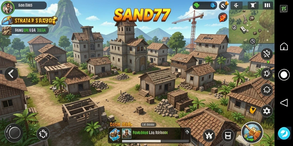 Tampilan gameplay SAND77 dengan strategi pembangunan kerajaan.