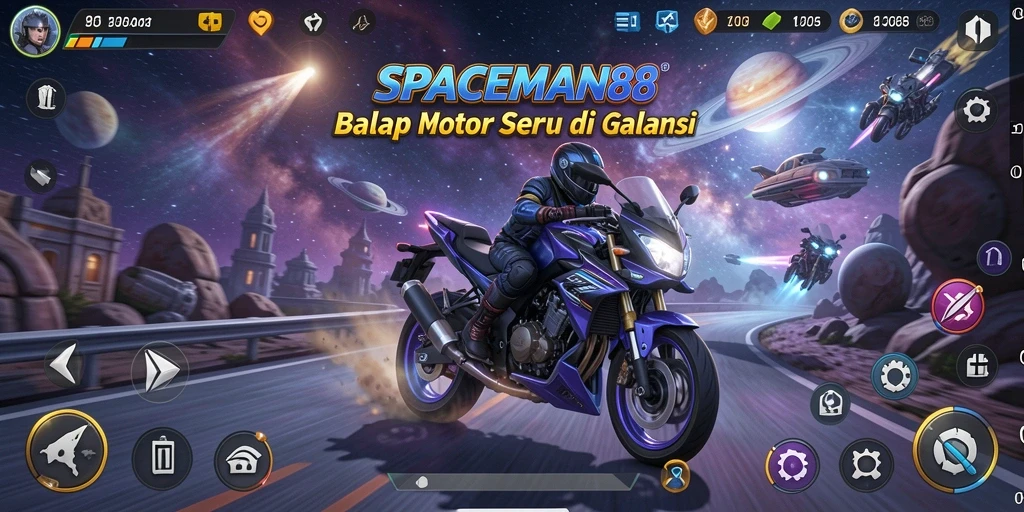 Gameplay SPACEMAN88 menampilkan balapan motor mengesankan di luar angkasa.